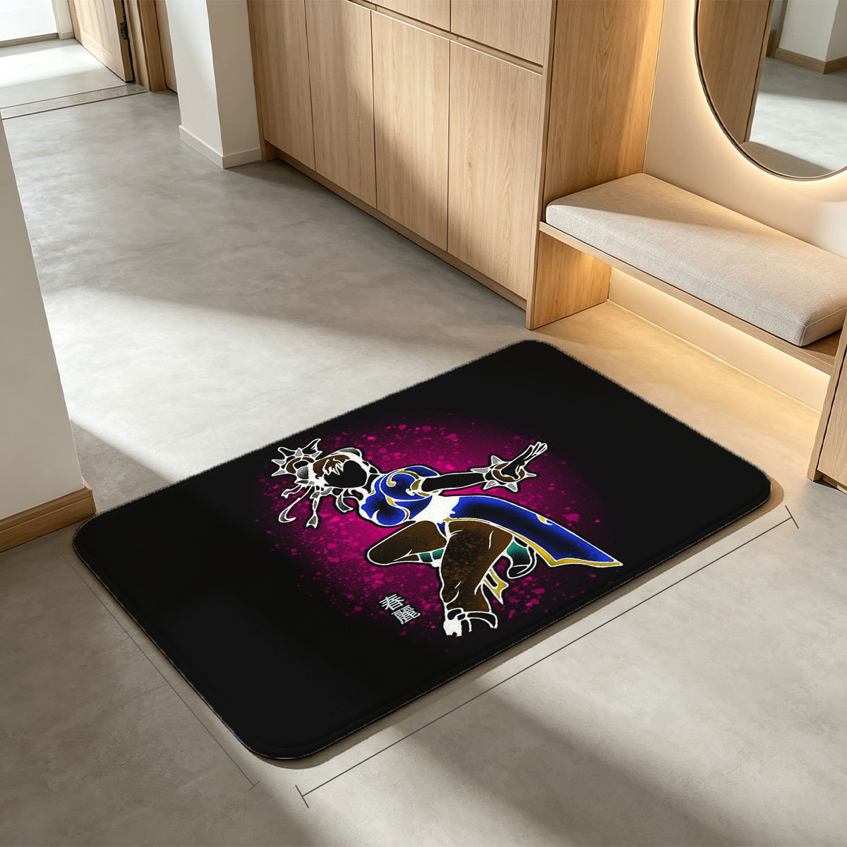 Chun-Li from Street Fighter in Dynamic Pose with Glowing Effects - Flannel floor mat