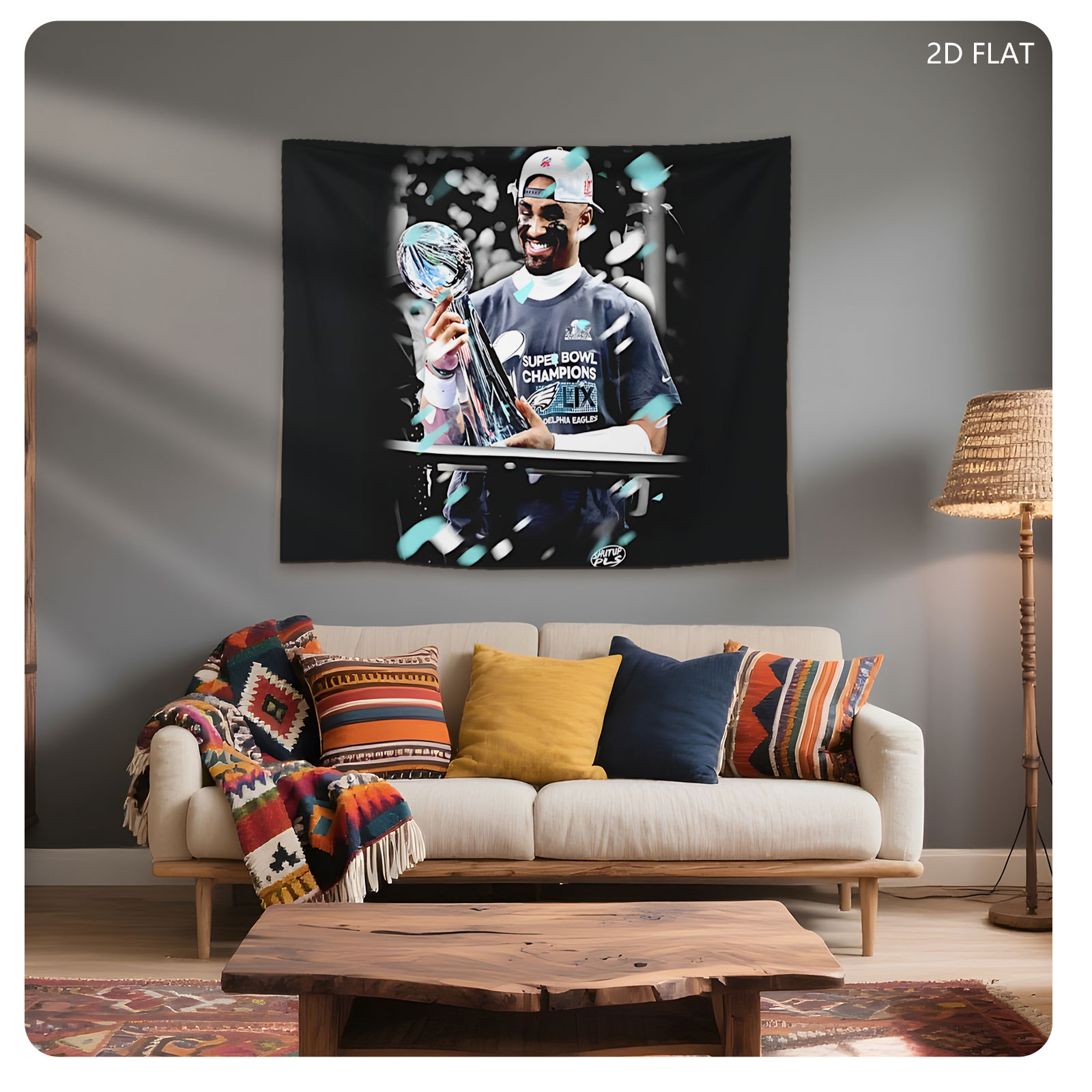 Jalen Hurts celebrates with the Super Bowl LIX trophy, wearing a Philadelphia Eagles champions shirt and cap. - Tapestry