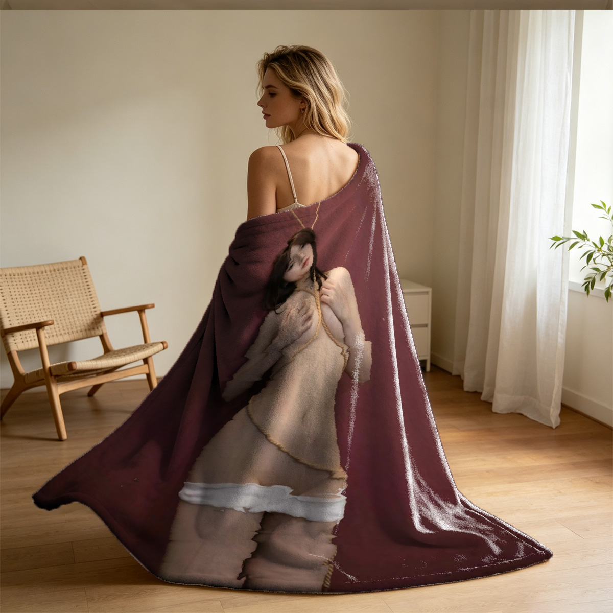 Nude woman in sheer robe posing in modern living room - Blanket