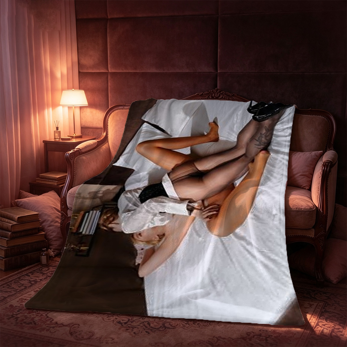 Blonde beauty in red lace lingerie posing seductively on leather armchair. - Blanket