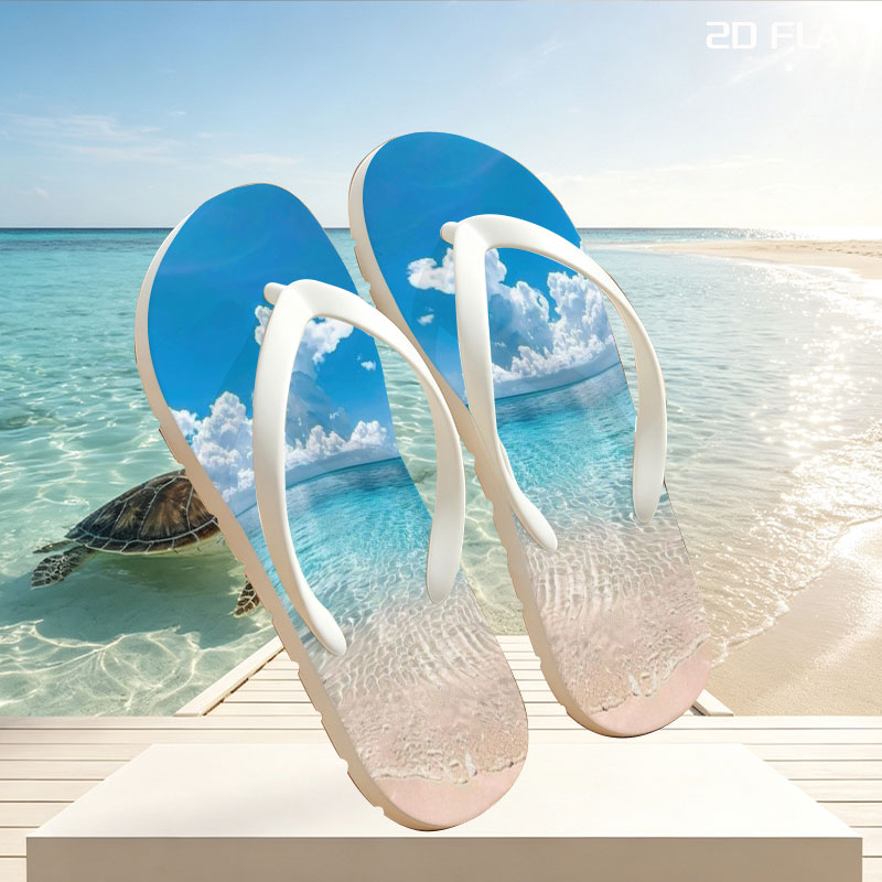 Crystal clear turquoise waters meet soft sandy beach under a vibrant blue sky with fluffy white clouds. -  flip-flops