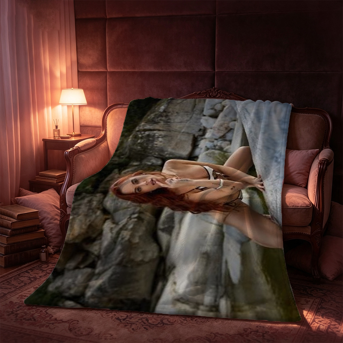 Nude redhead with lilac bouquet covering her face on wooden table. - Blanket