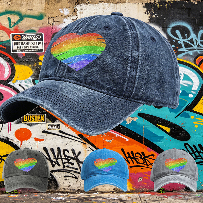 Unisex Classic Washed Cap with Rainbow Heart Glitter Print - Perfect for Pride Events, Casual Outings, and Everyday Wear - Ideal for Adults Seeking Vibrant, Comfortable Headwear with LGBTQ+ Inspired Design
