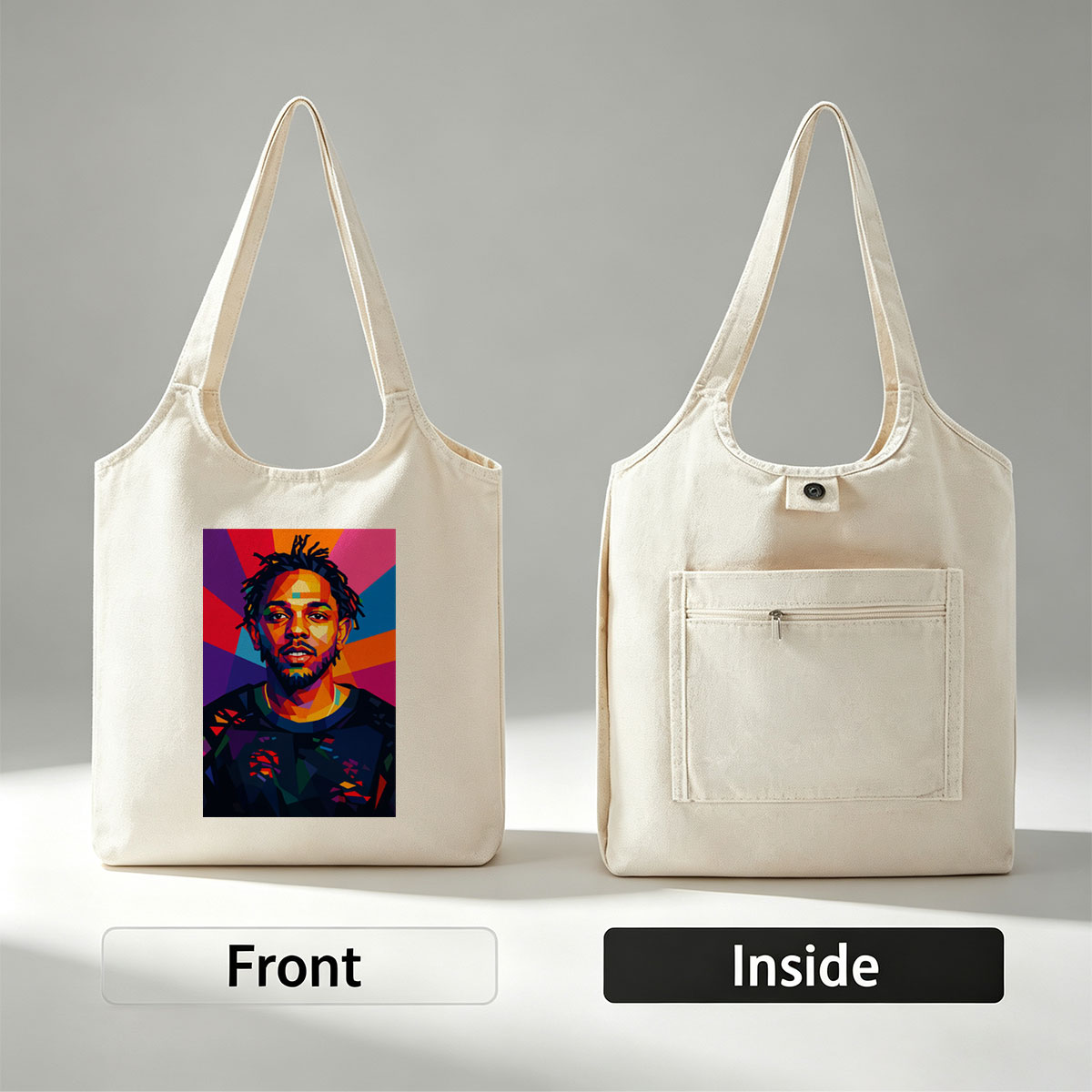 Kendrick Lamar Portrait in Vibrant Geometric Art Style with Colorful Radiant Background - Canvas shoulder bags/