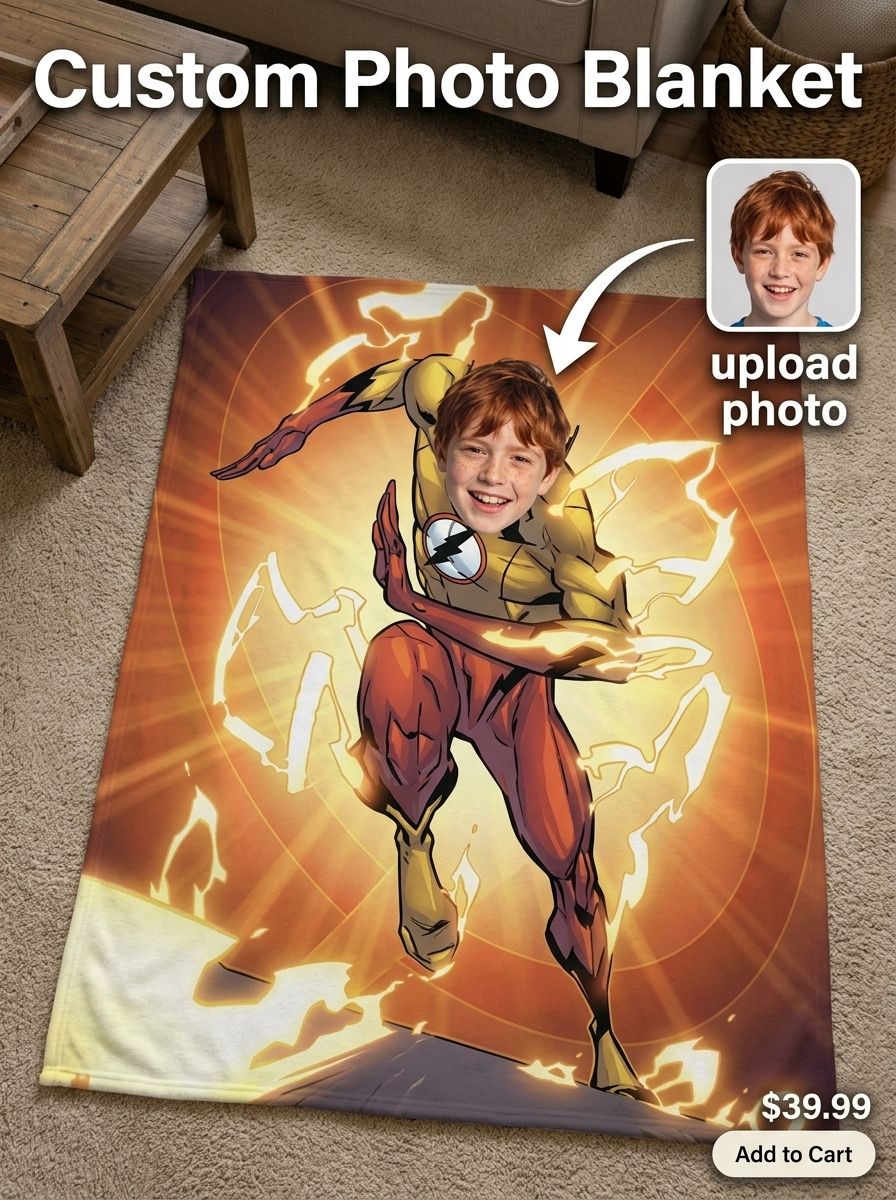 Custom Photo Superhero Flannel Blanket, Personalized Face Cozy Plush Throw Blanket for Kids Adults, Unique Gift Idea