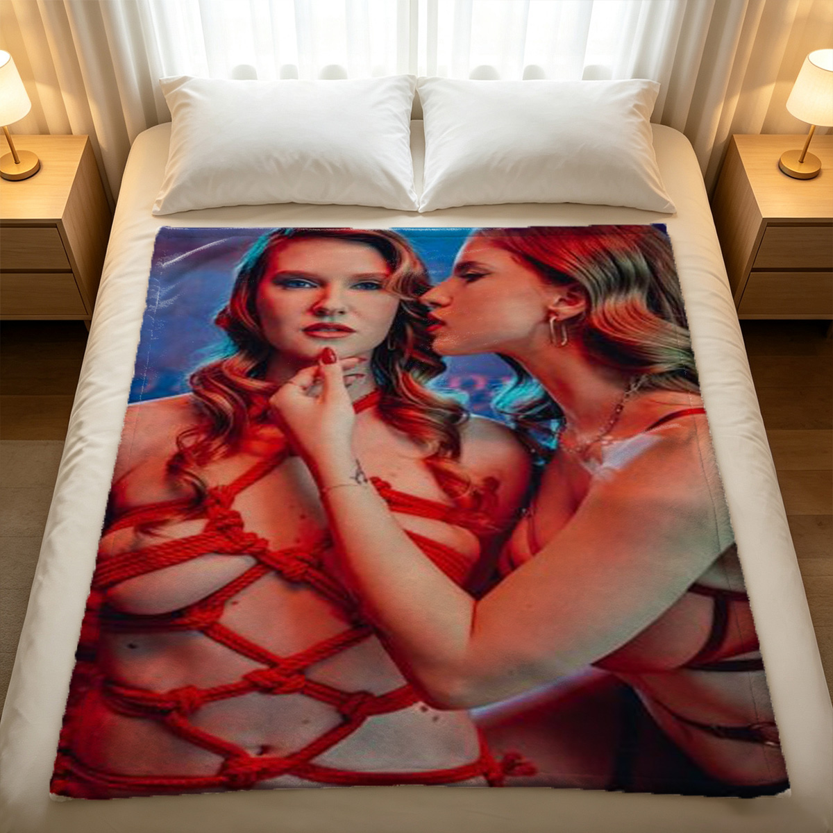Kate Upton in pink lace lingerie on bed - Blanket
