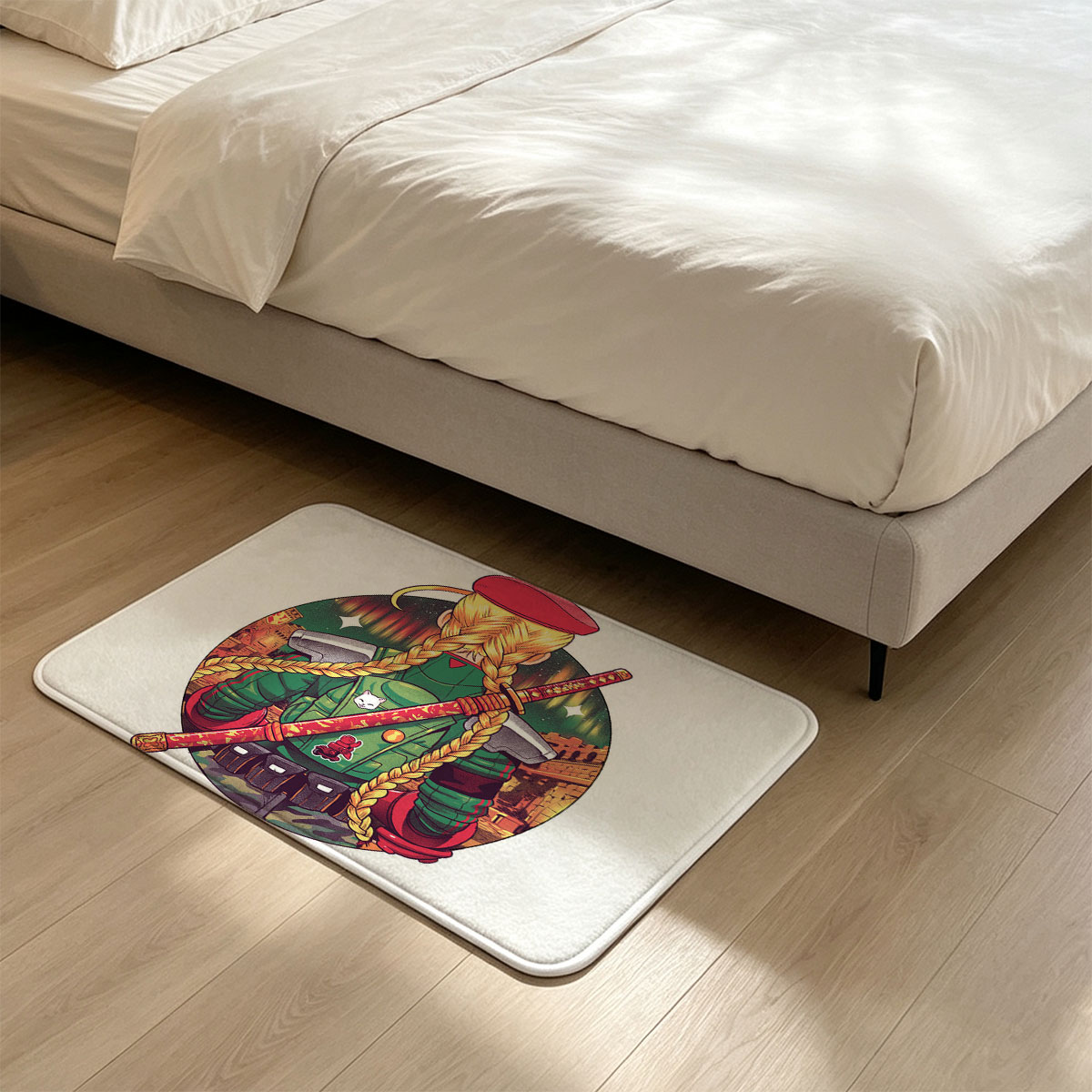 Blonde Warrior with Red Beret and Katana, Futuristic Urban Background - Flannel floor mat