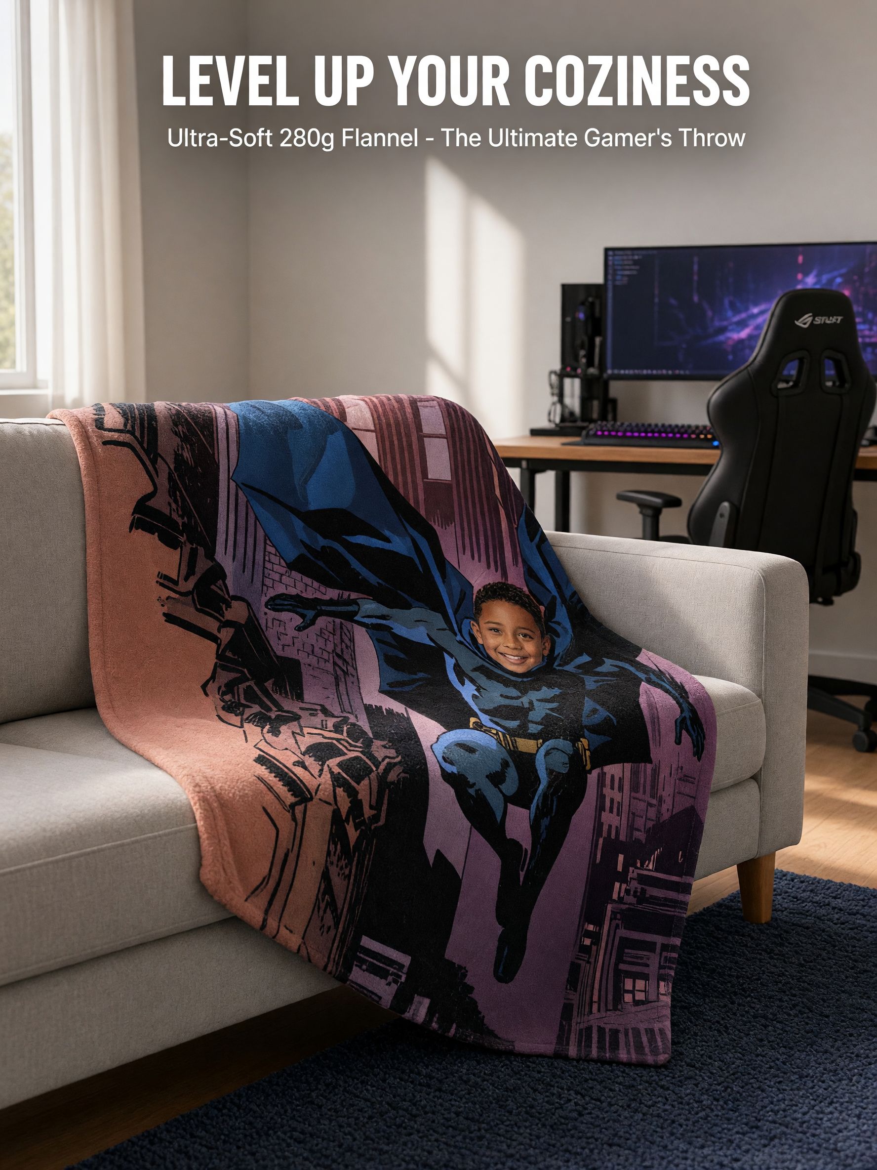 Custom Superhero Photo Flannel Blanket Personalized Face Fleece Throw Cozy Comic Gift for Kids Couch Bed