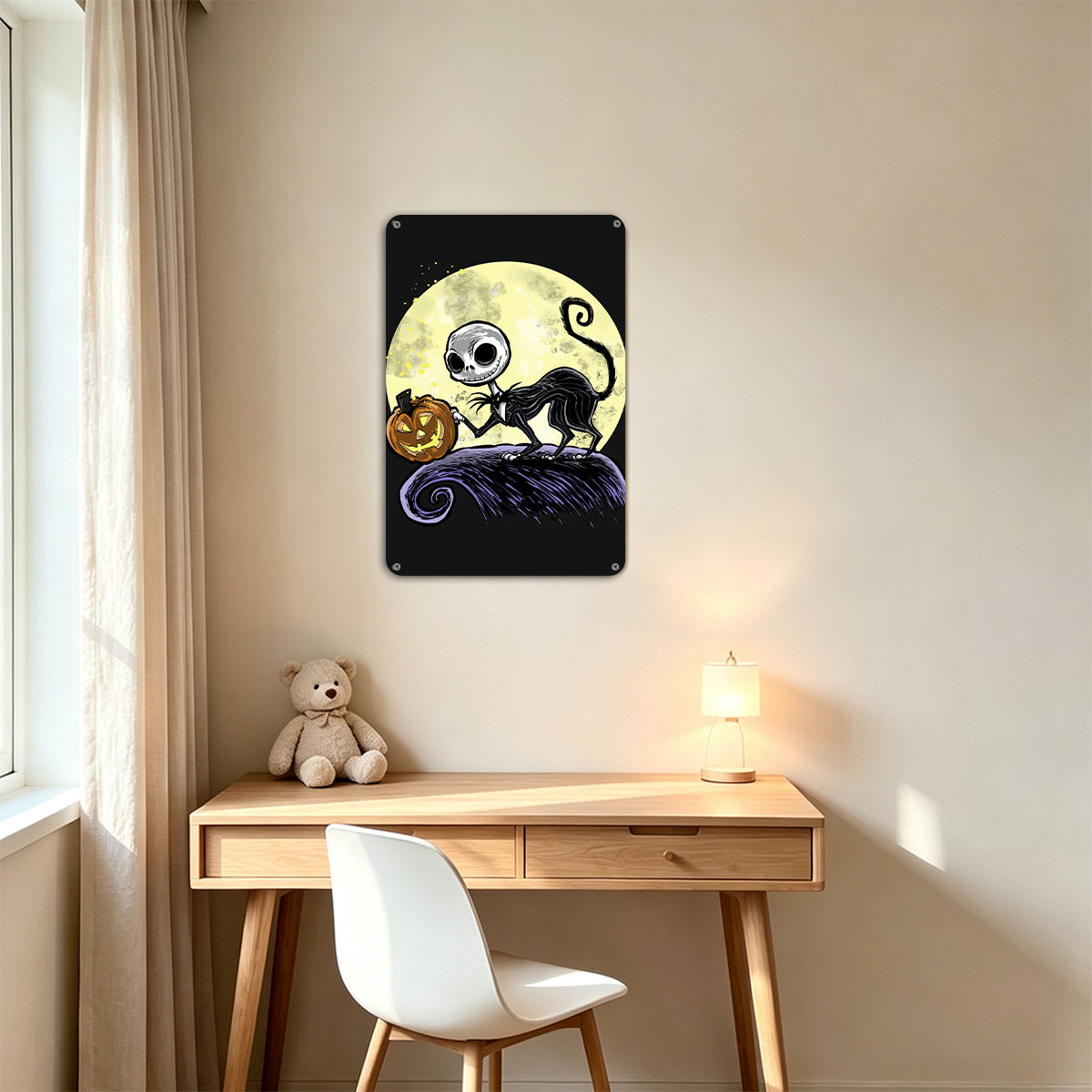Jack Skellington from The Nightmare Before Christmas holding a pumpkin against a full moon - painting