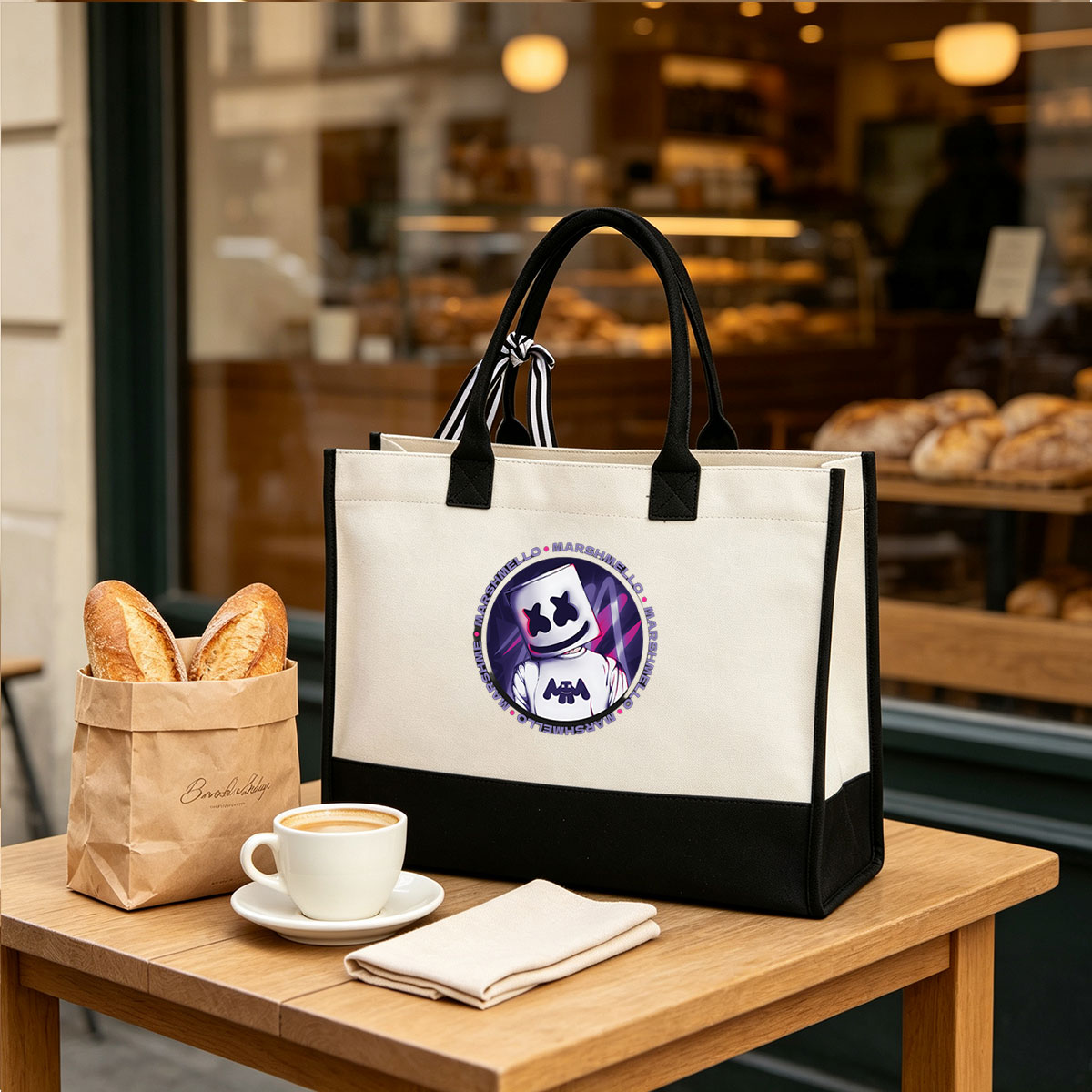 Marshmello DJ Character with Iconic Helmet and Logo Design - Canvas patchwork gift tote bag