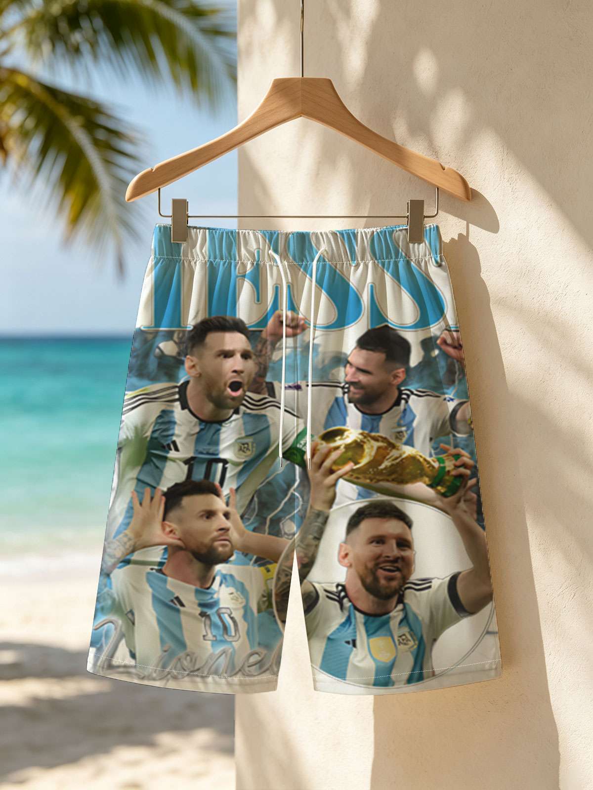 Lionel Messi Celebrates Argentina's Victory with the World Cup Trophy -  Beach shorts