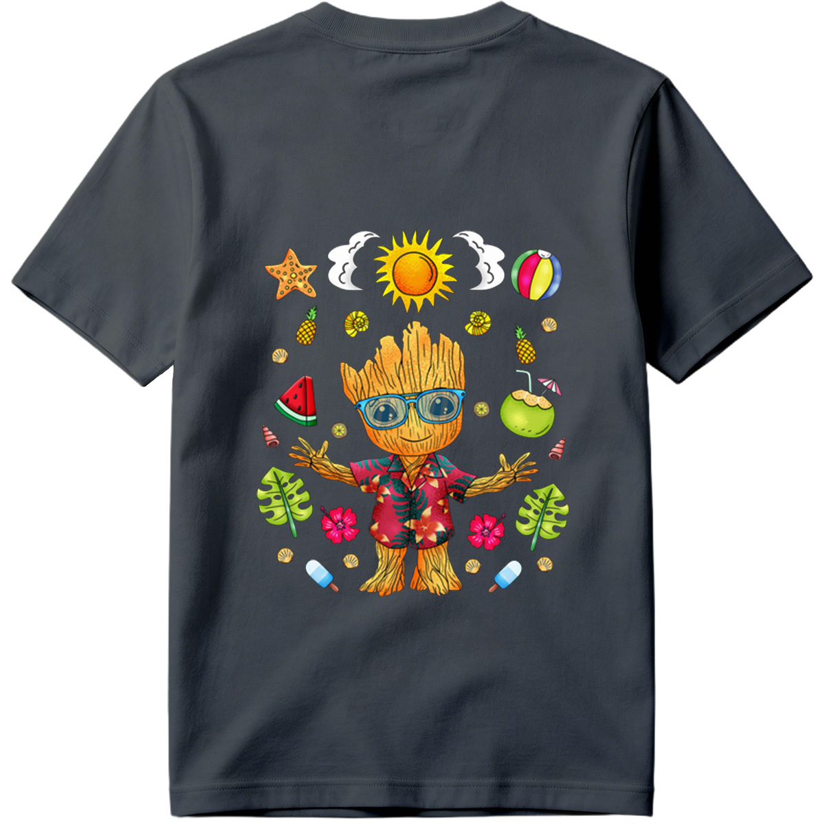 Groot in Hawaiian Shirt with Summer Elements - Tee