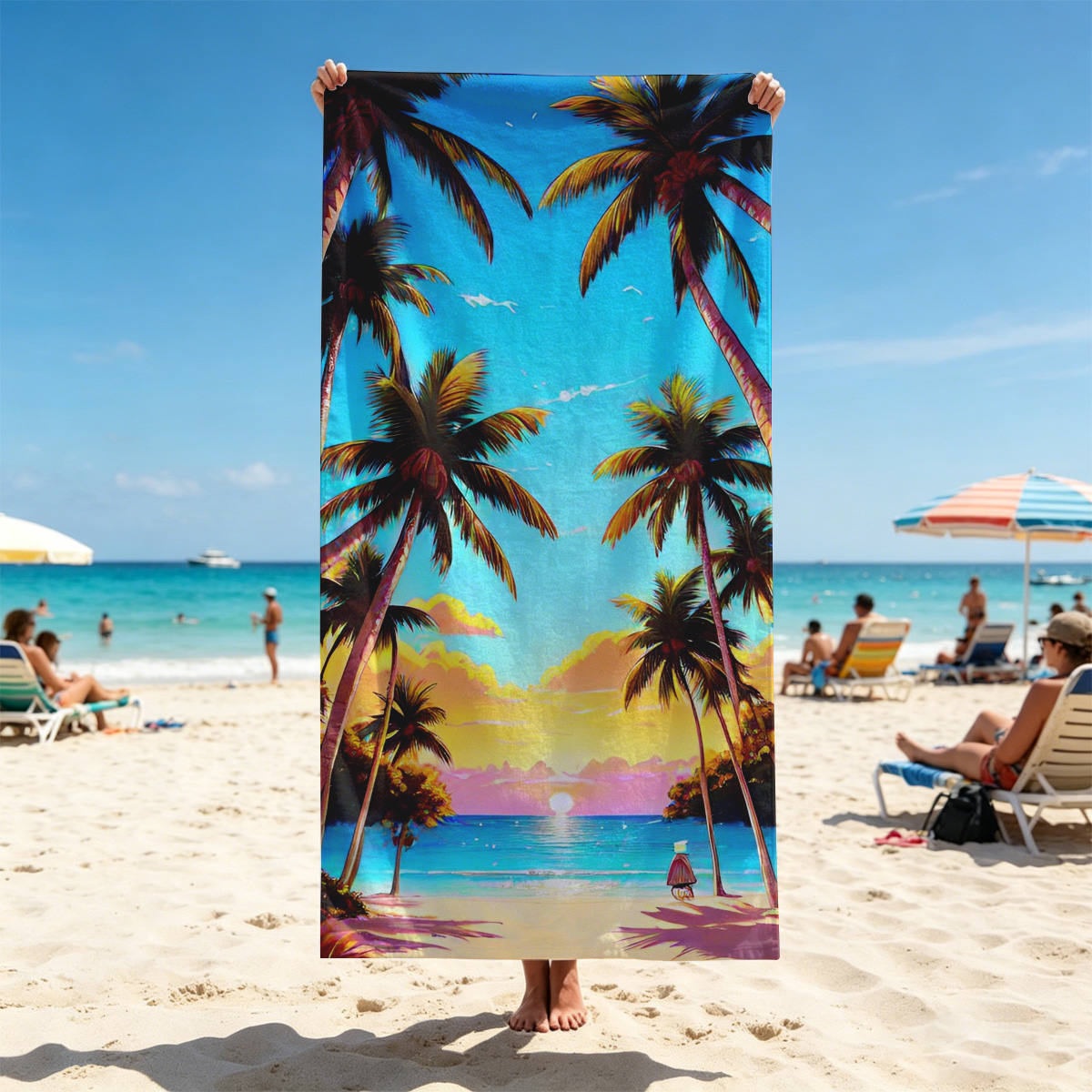 Tropical Sunset Beach with Palm Trees and a Solitary Figure - Beach towels