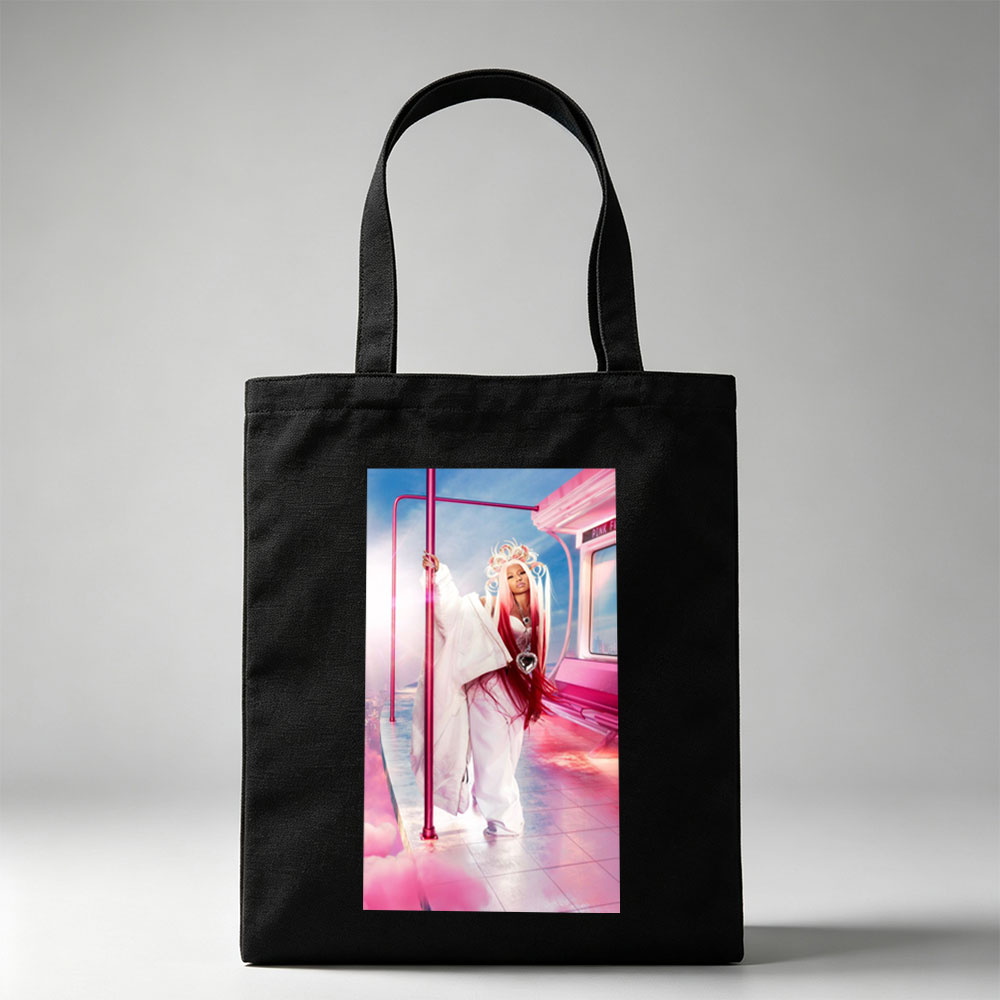 Nicki Minaj in a Pink Fantasy Scene with Futuristic Bus and Clouds - Canvas tote bags