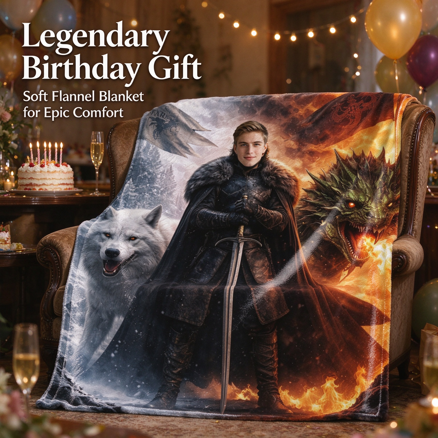 Custom Face Fantasy Knight Flannel Blanket Personalized Photo Portrait Ultra Soft Fleece Throw for Epic Family Gifts