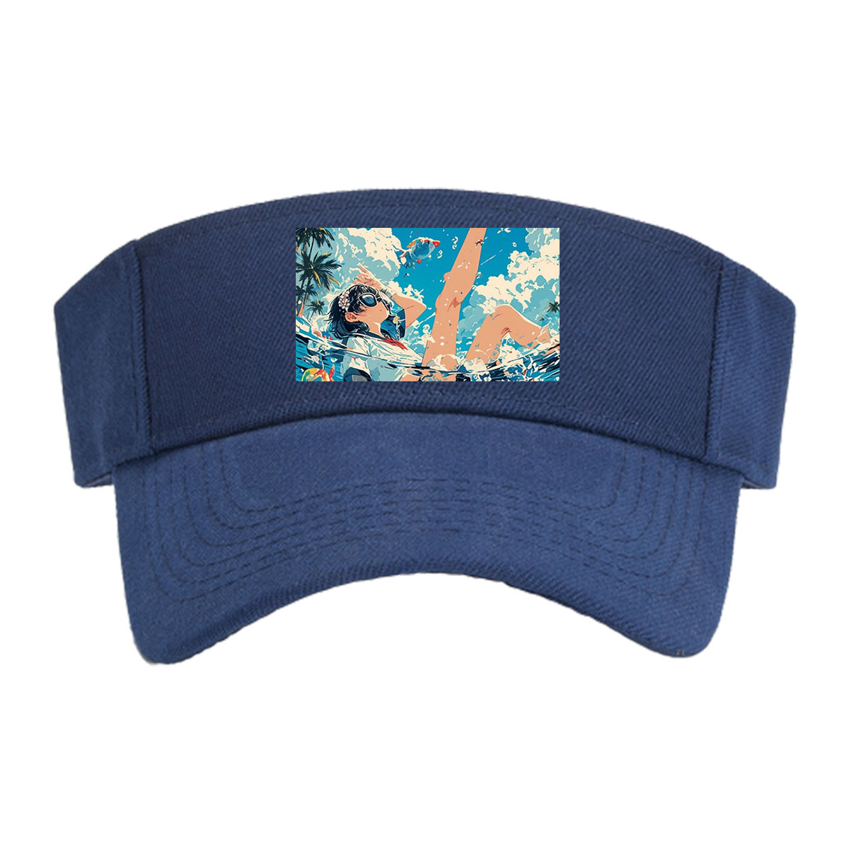 Girl floating in water with koi fish and palm trees under blue sky -  Visor cap