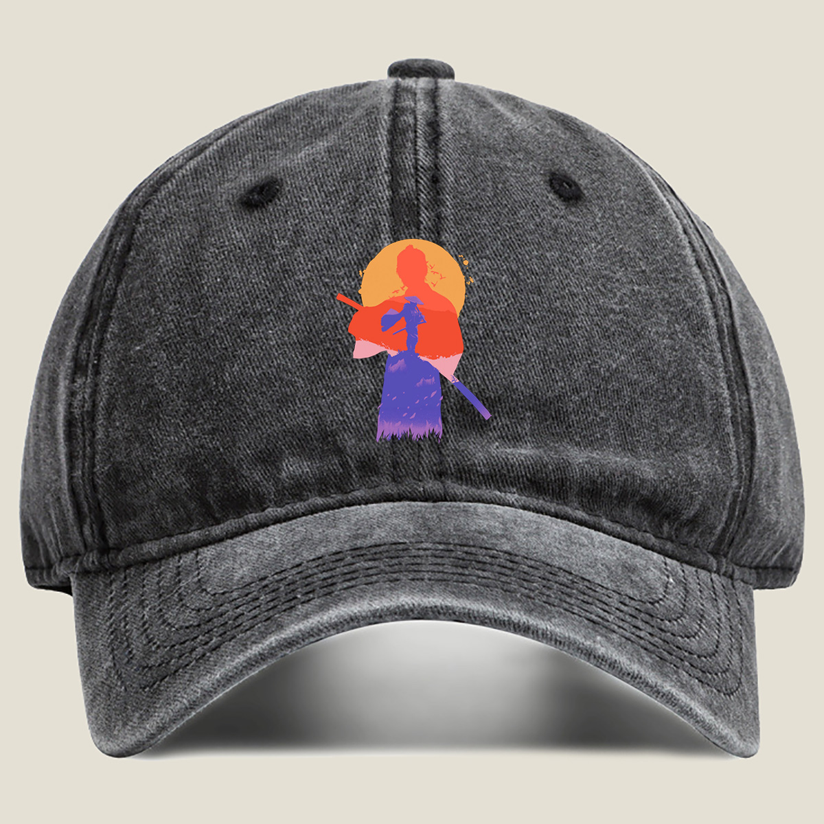 Samurai Silhouette at Sunset - Washed Denim - Baseball Cap