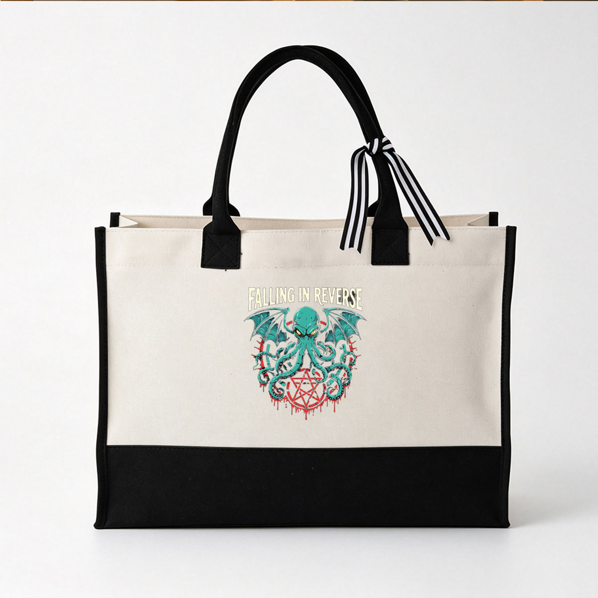 Falling in Reverse: Octopus with Bat Wings and Pentagram - Canvas patchwork gift tote bag