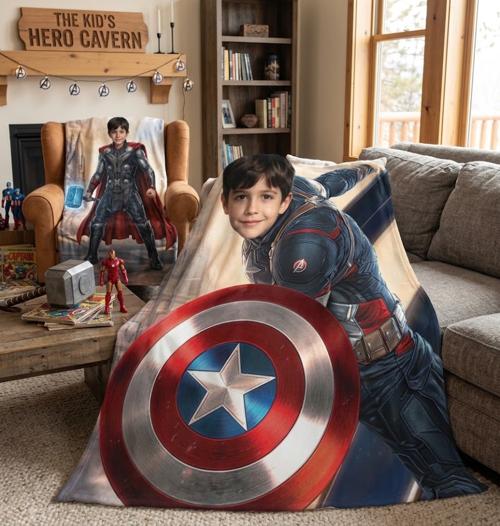 DIY Custom Face Captain America Blanket, Battle Fire Smoke Theme Upload Kid Photo Personalized Fleece Throw Blanket for Boys