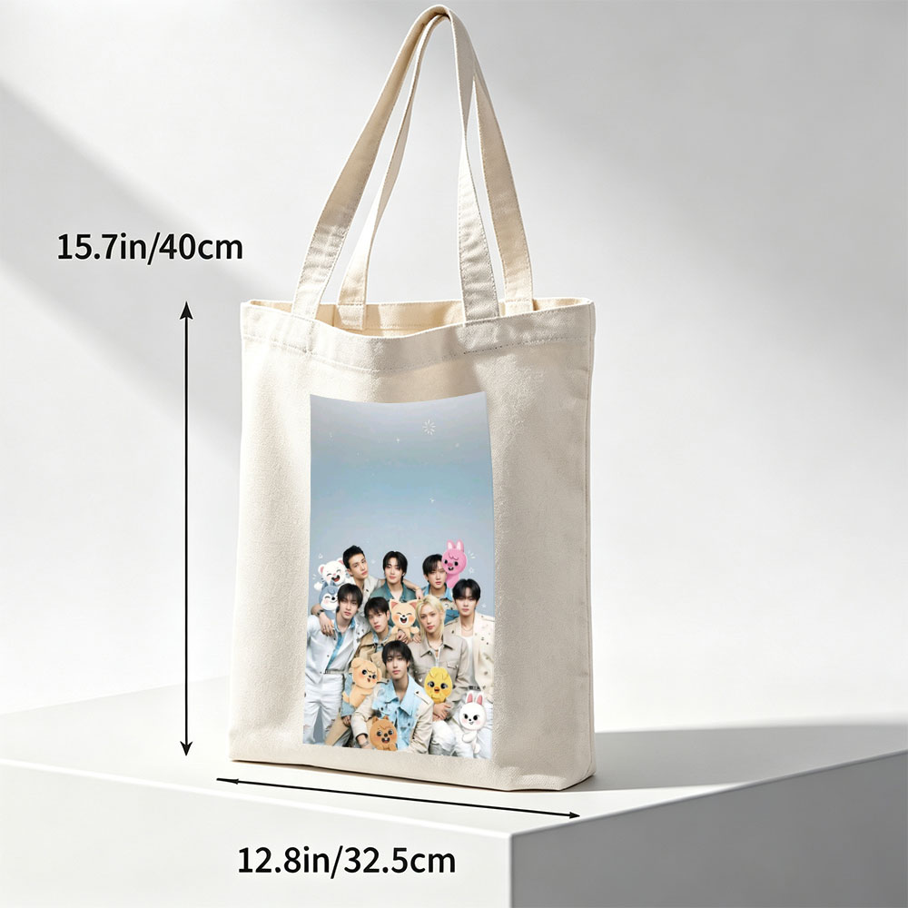 Stray Kids Group Photo with Cute Animal Plushies in a Starry Sky Background - Canvas tote bags