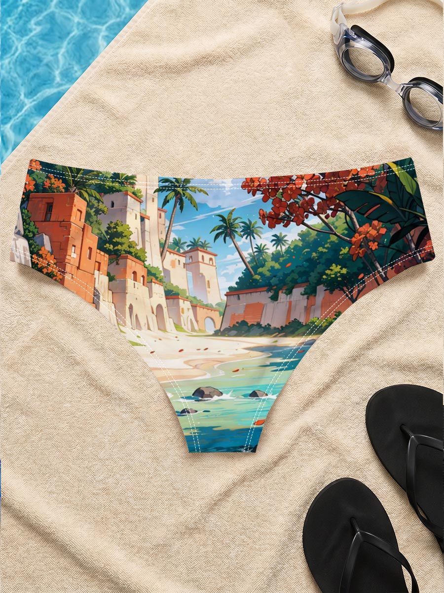 Tropical Beach with Ancient Ruins and Lush Vegetation -  Men's swim trunks