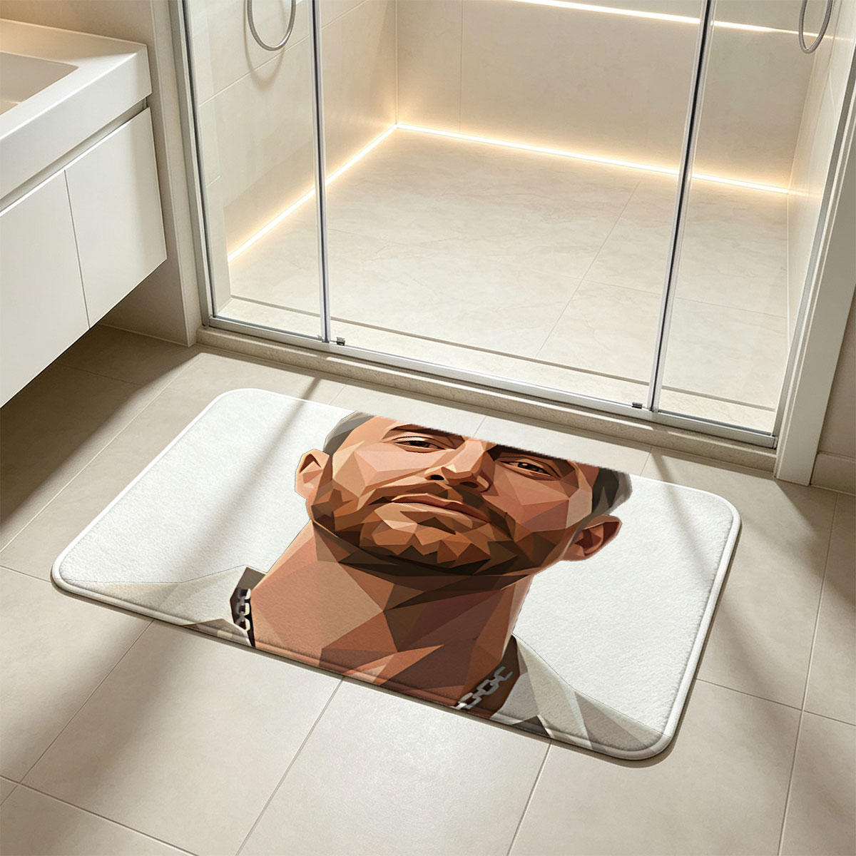 Low-Poly Portrait of a Man in White Shirt and Chain Necklace - Flannel floor mat