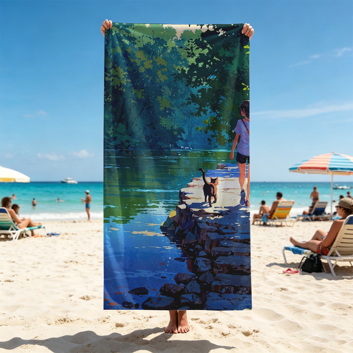 Girl and cat walking by a serene lakeside path - Beach towels