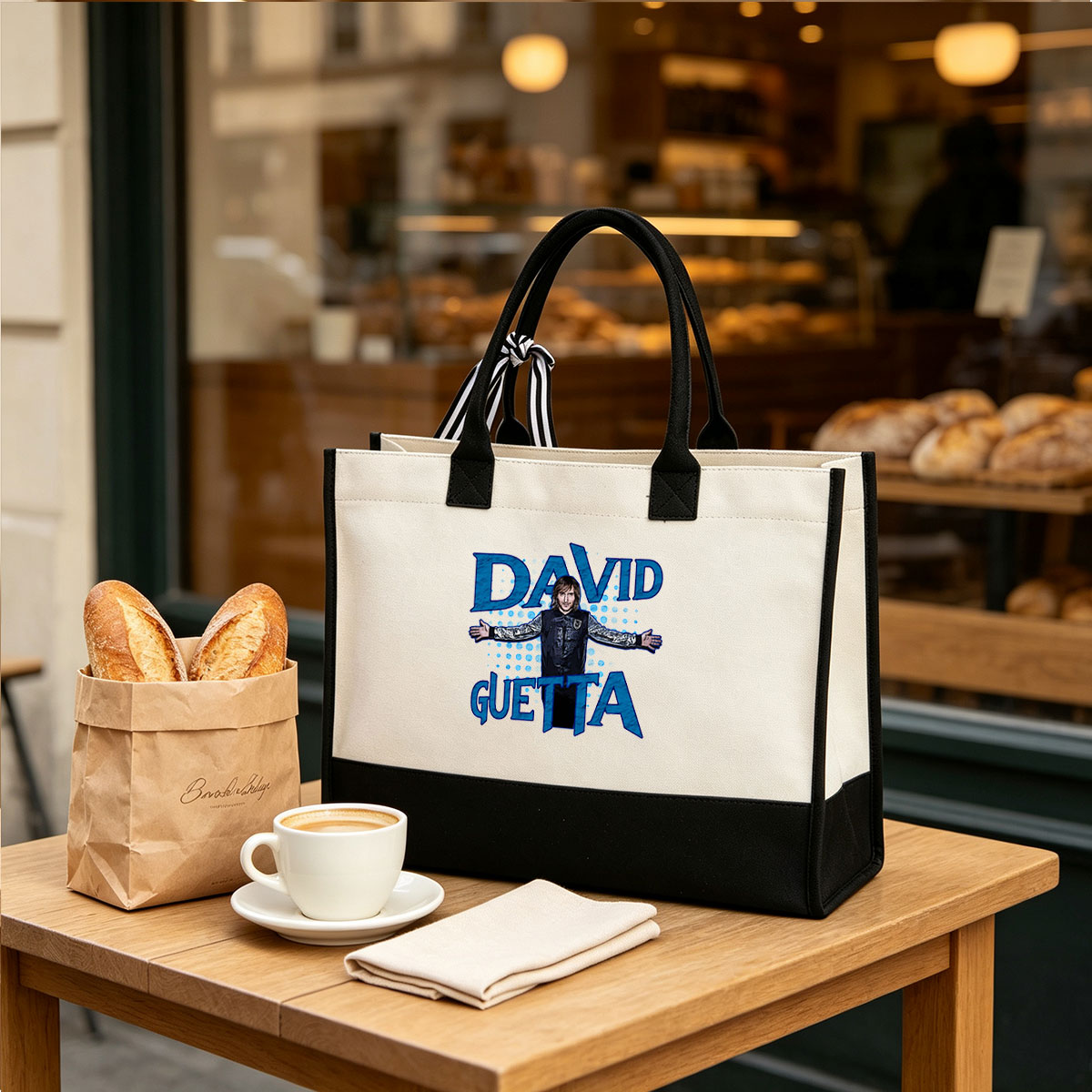 David Guetta in a stylized graphic with bold blue text and a dotted background - Canvas patchwork gift tote bag