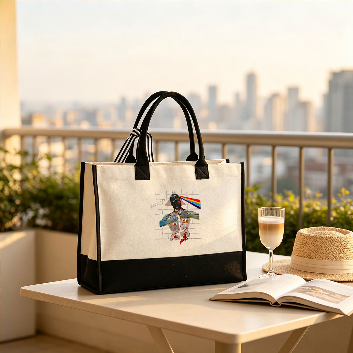 Pink Floyd's Dark Side of the Moon: A Surreal Portrait of the Prism and Human Form - Canvas patchwork gift tote bag