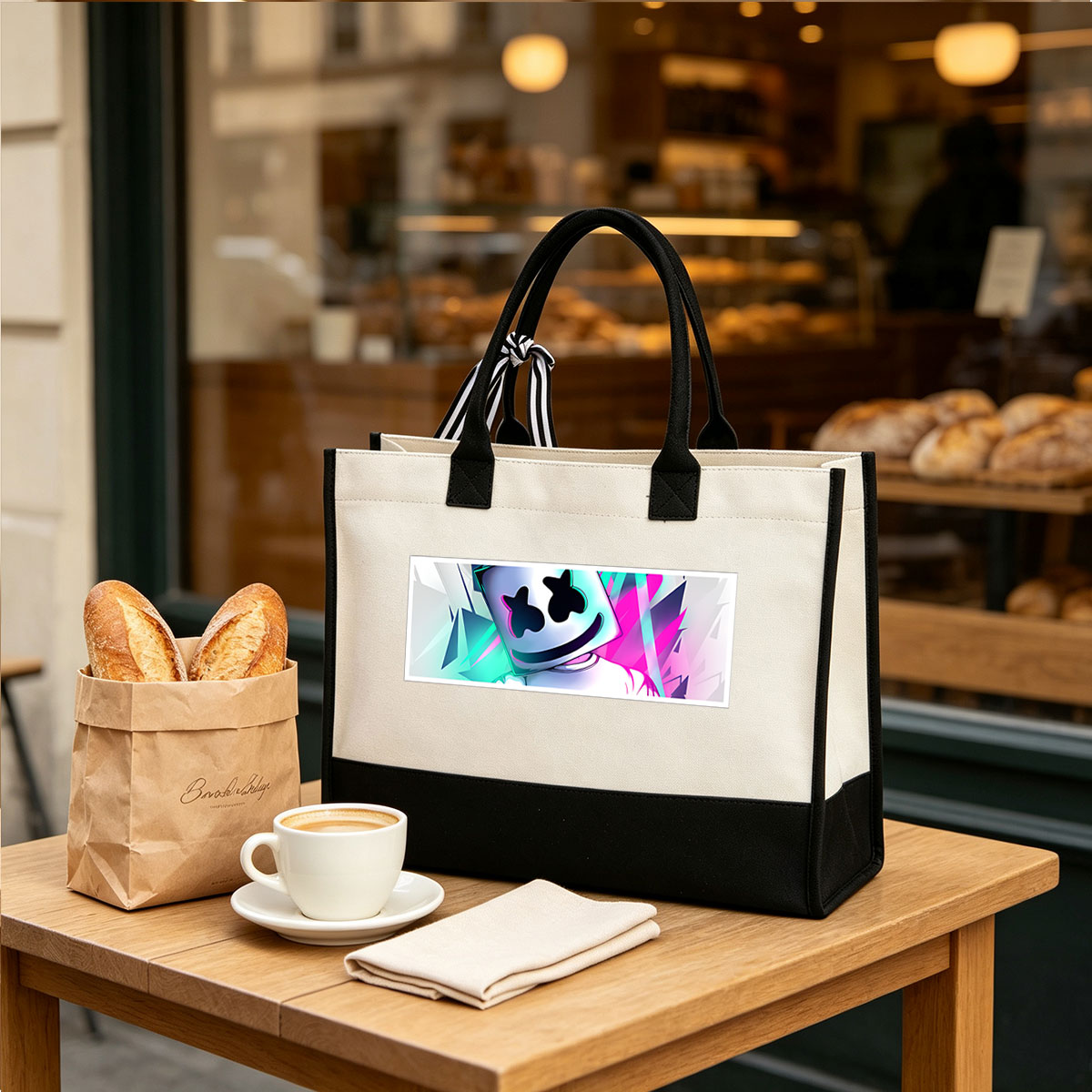 Marshmello in a vibrant, geometric background with neon colors - Canvas patchwork gift tote bag