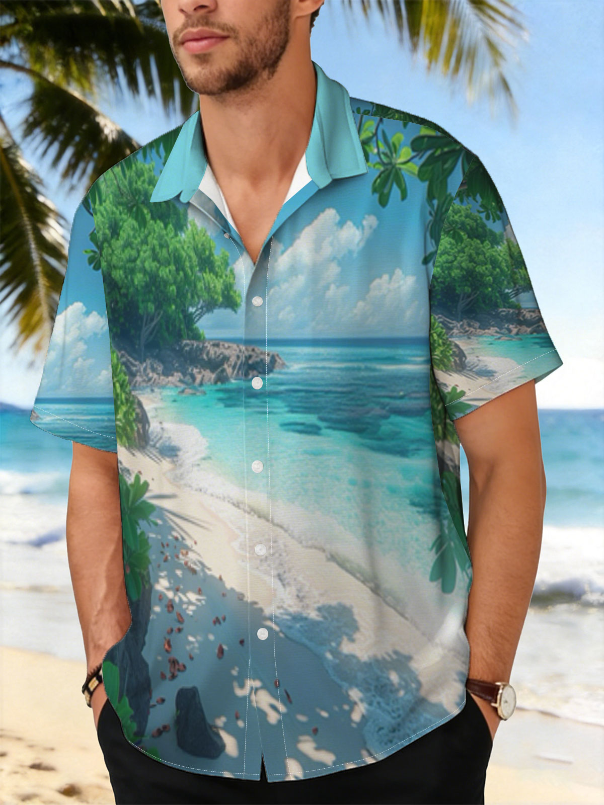 Tropical Beach with Crystal Clear Water and Lush Greenery -  Shirt