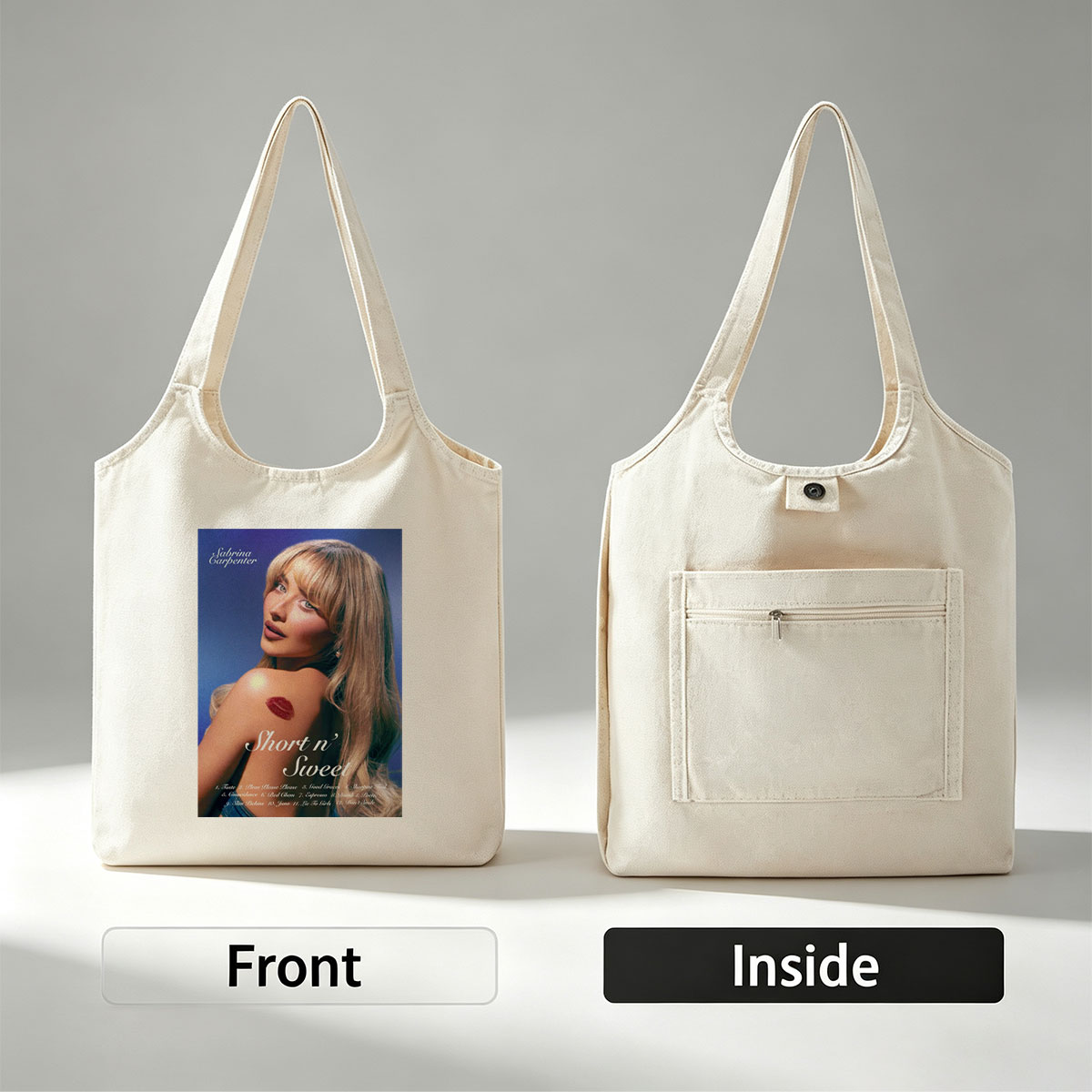 Sabrina Carpenter Album Cover Featuring Her with Lipӡ on Shoulder and Tracklist for Short n' Sweet - Canvas shoulder bags/