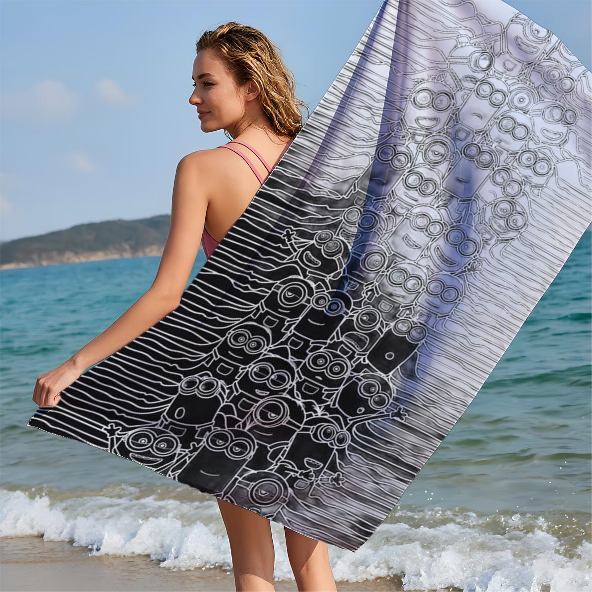 Minions Stack in Black and White Art - Beach towels