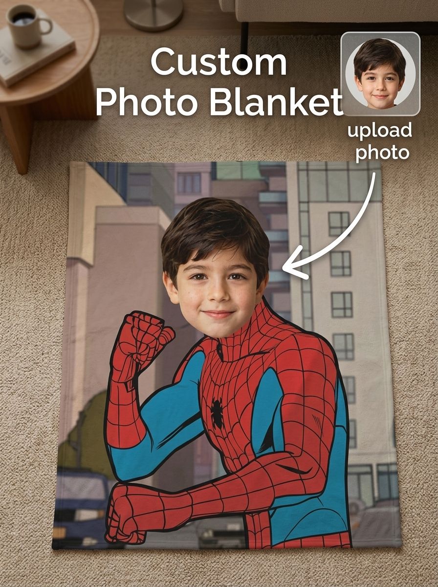 Custom Photo Face Blanket Superhero Flannel Throw Personalized Comic Portrait Fleece Bedding Gift for Kids and Family