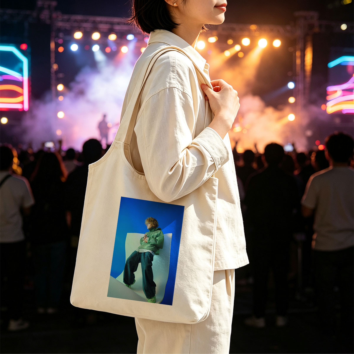Jaden Smith in a Fashion Shoot Wearing Oversized Green Jacket and Baggy Jeans Against a Blue Background - Canvas shoulder bags/