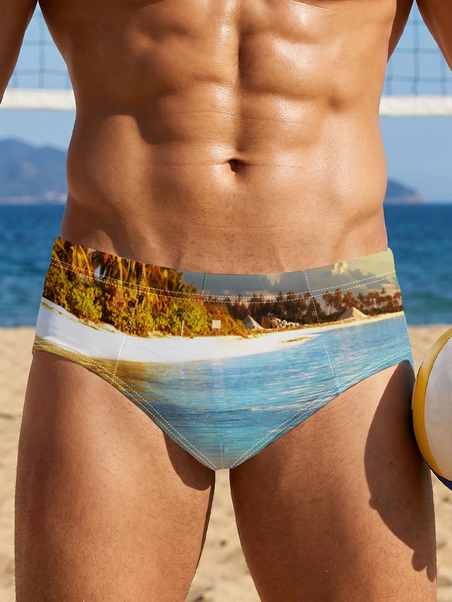 Tropical Beach with Clear Water and Palm Trees -  Men's swim trunks