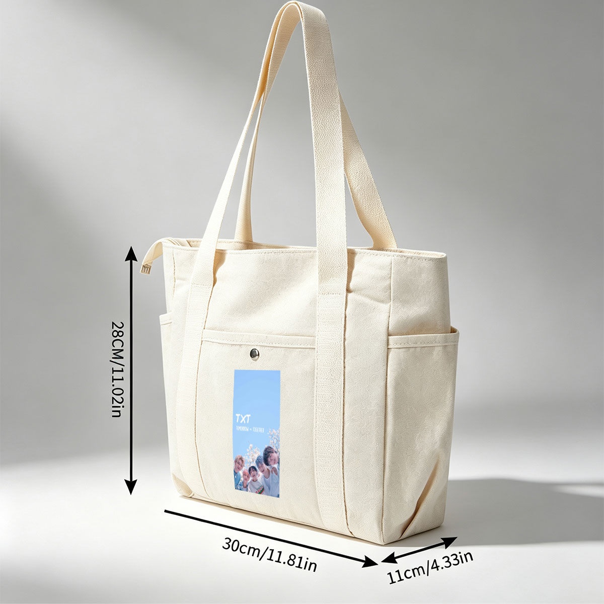 TXT Tomorrow x Together Members in a Spring Cherry Blossom Scene Under a Clear Blue Sky - Multi-pocket bags