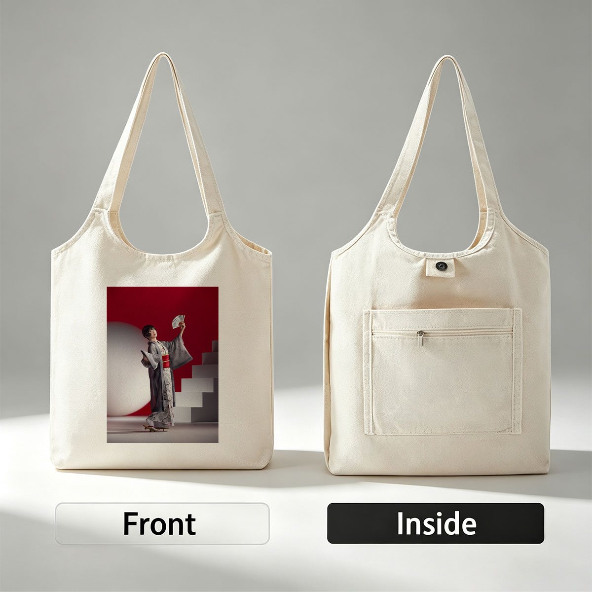 Maki Horikita in Traditional Kimono Holding Fan Against Red Background - Canvas shoulder bags/