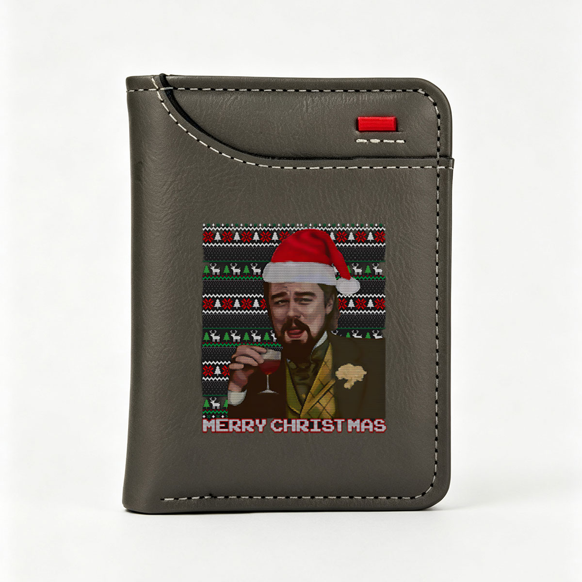 Ricky Gervais in Santa Hat Holding Wine, Christmas Sweater Background, Merry Christmas Text - Vertical Style Wallet