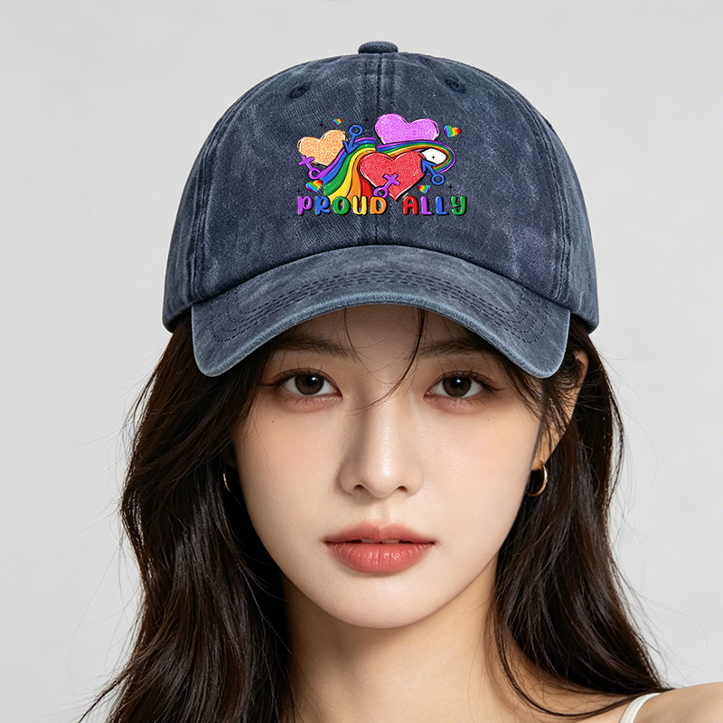 Men's Printed Washed Cap with Rainbow Hearts and 
