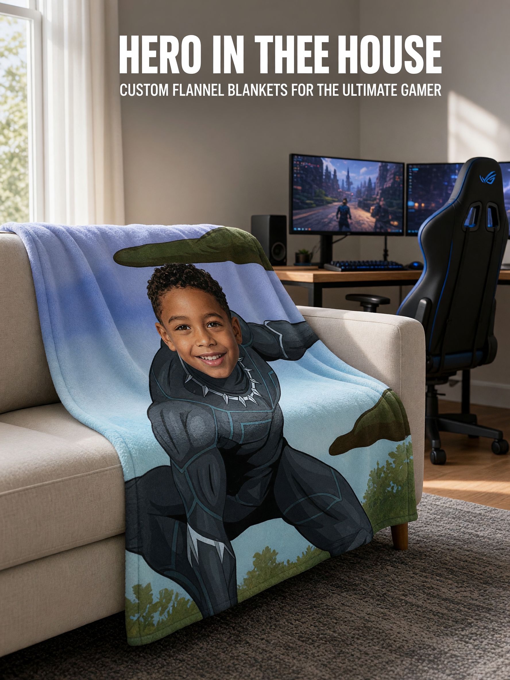 Personalized Superhero Photo Blanket, Custom Face Plush Flannel Throw, Cozy Keepsake Gift for Kids and Family