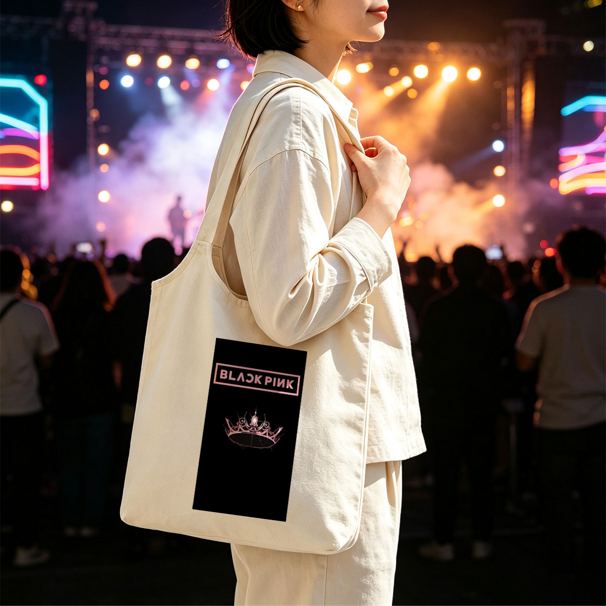 BLACKPINK Crown Logo on Black Background - Canvas shoulder bags/