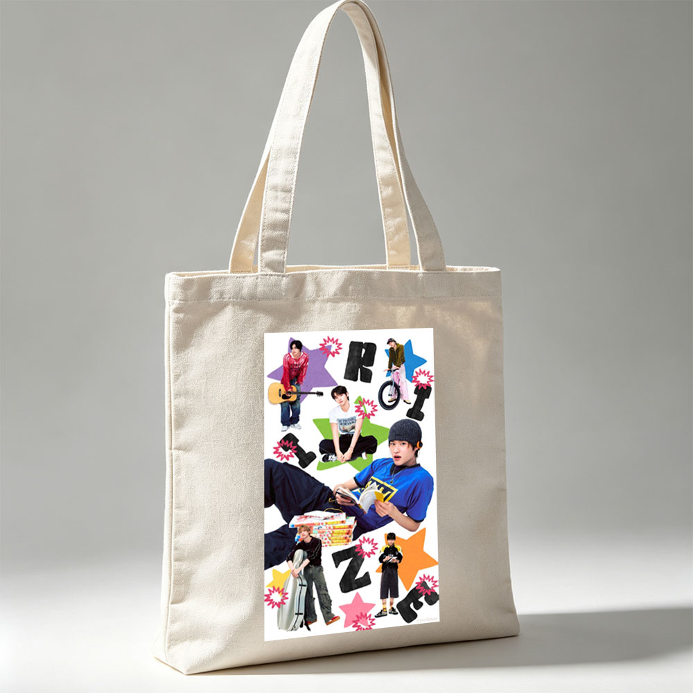 RIIZE Members in Casual Moments Reading, Playing Guitar, and Riding Bike with Vibrant Star Background - Canvas tote bags