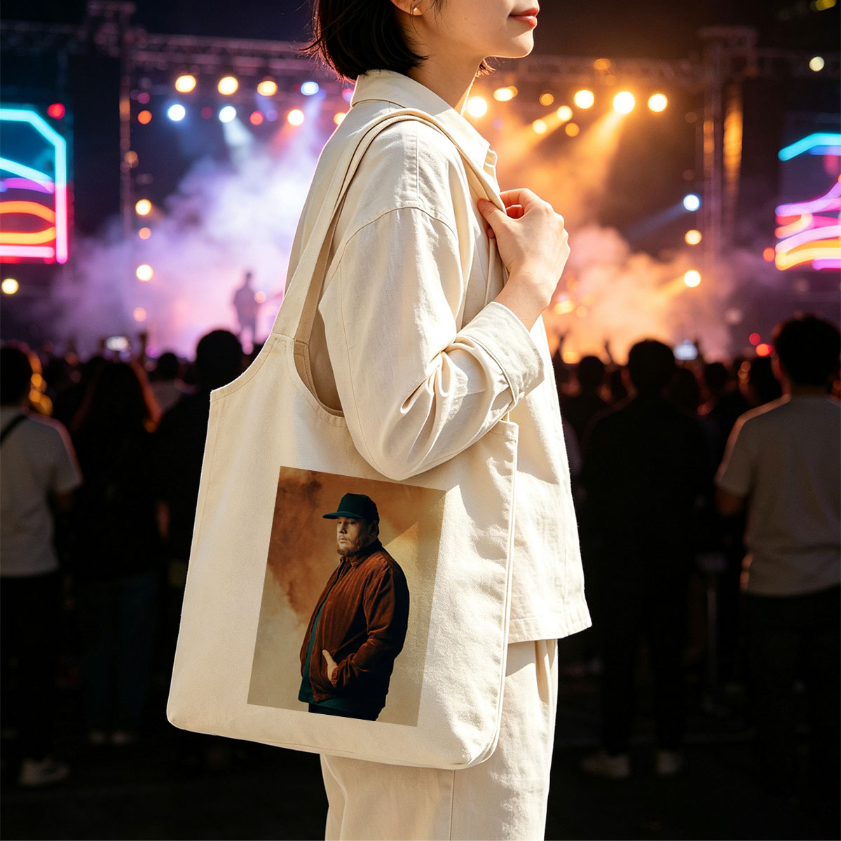 Luke Combs in a Studio Portrait Wearing a Brown Corduroy Jacket and Black Cap - Canvas shoulder bags/
