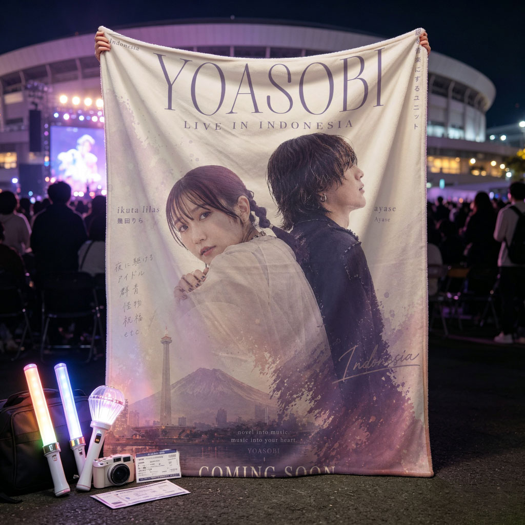 YOASOBI Live in Indonesia Concert Poster Featuring Ikuta Lilas and Ayase with Mount Fuji and Cityscape Background - Blankets