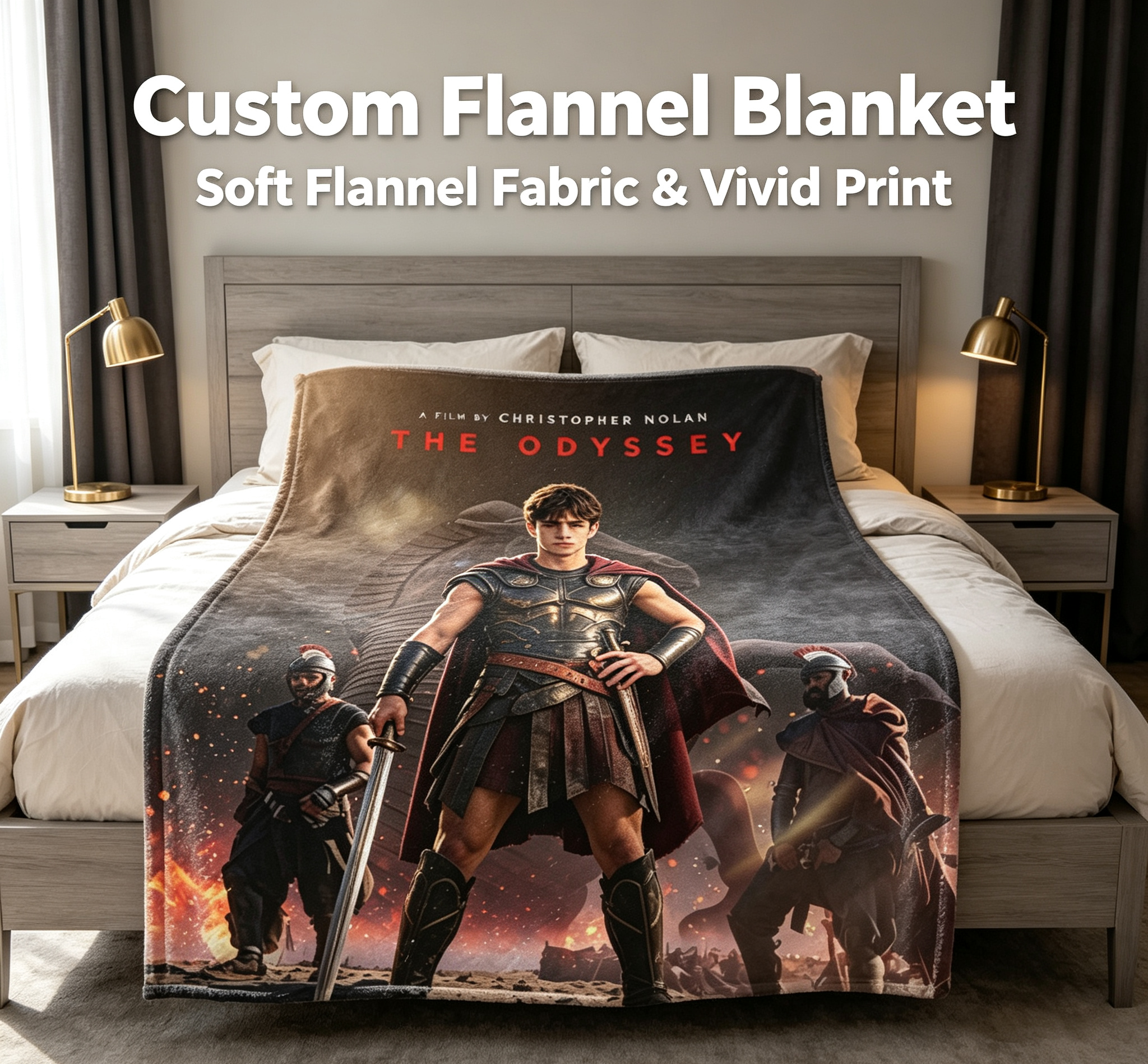 Custom Face Blanket The Odyssey Movie Character Flannel Blanket for Couch, Bed, or Travel – Perfect Gift or Giveaway for Fans of Christopher Nolan Films