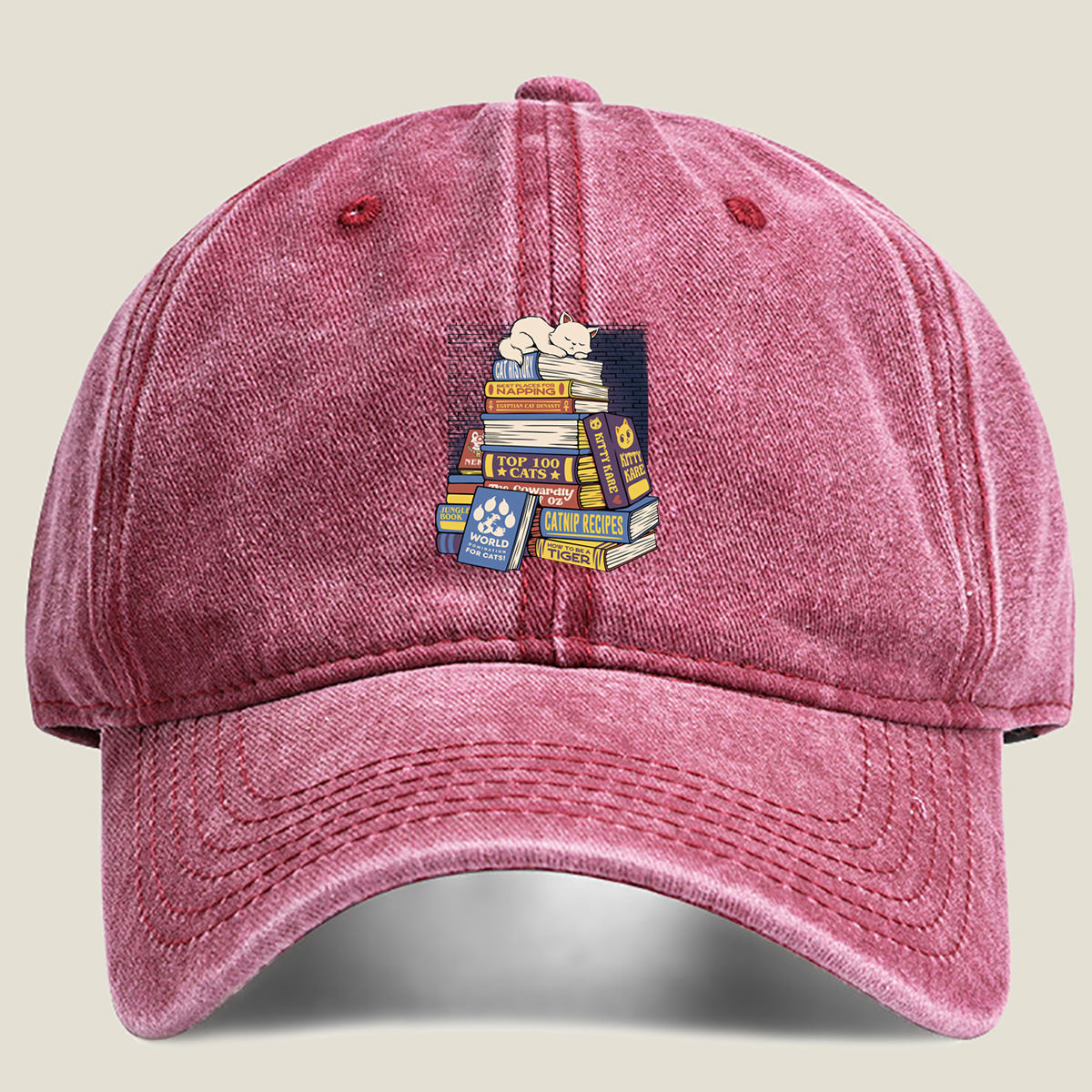 Cat Nap on Book Stack - Washed Denim - Baseball Cap