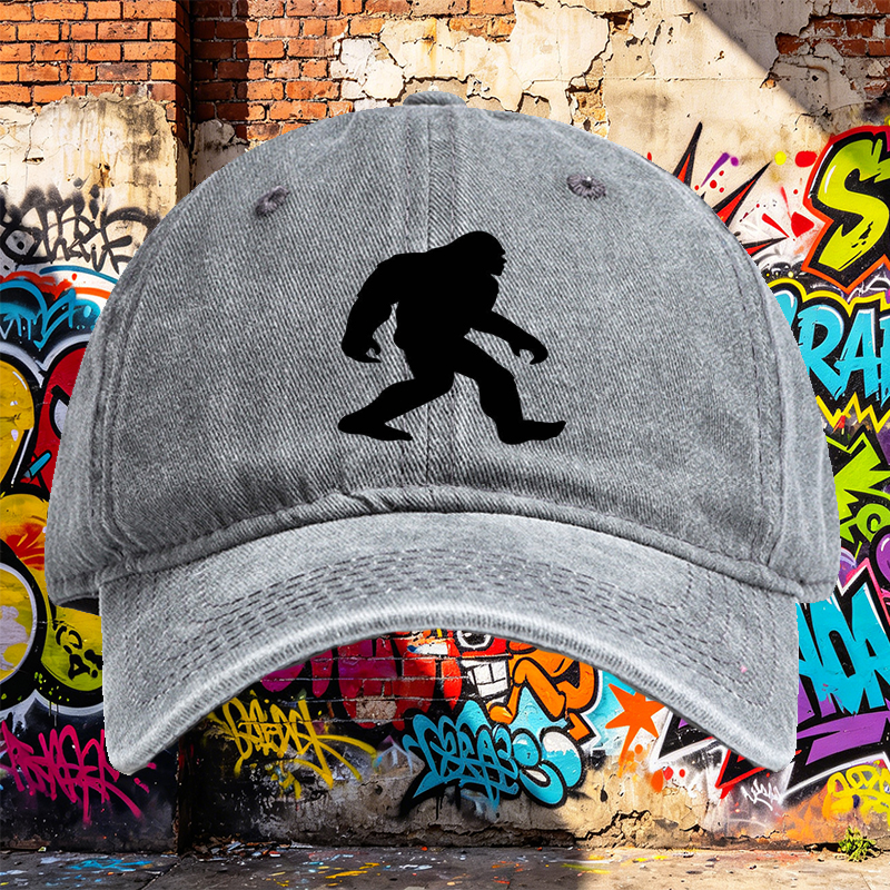 Unisex Classic Washed Cap with Bigfoot Silhouette Print - Outdoor Adventure Hat for Hiking, Camping, and Nature Enthusiasts