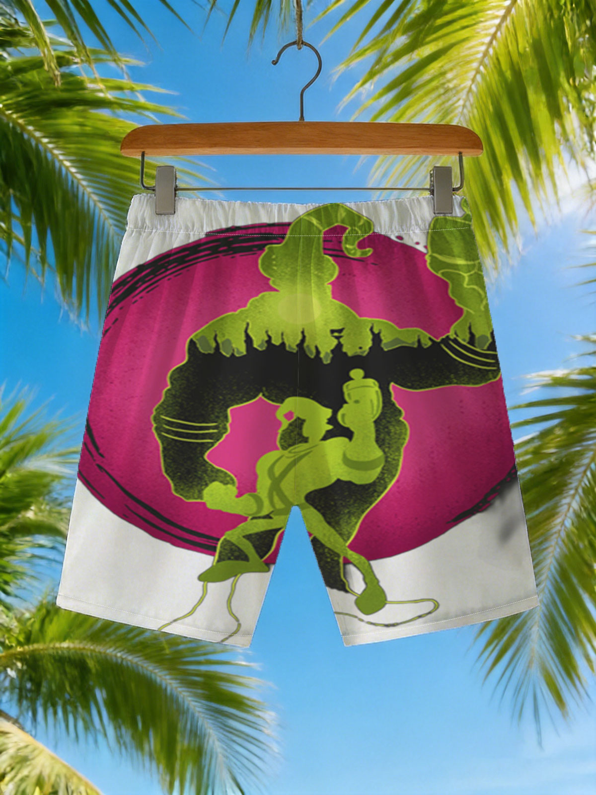 Green Goo Wizard and Warrior Duel on Pink Orb Background -  Beach shorts