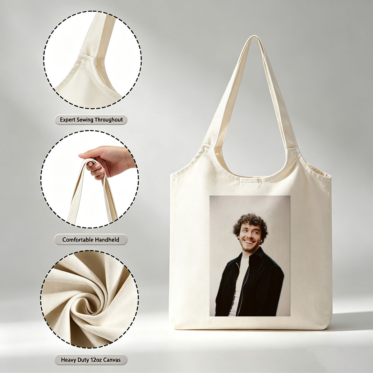 Matt Healy of The 1975 in a Candid Moment Wearing a Black Jacket and White Shirt Against a Plain Background - Canvas shoulder bags/